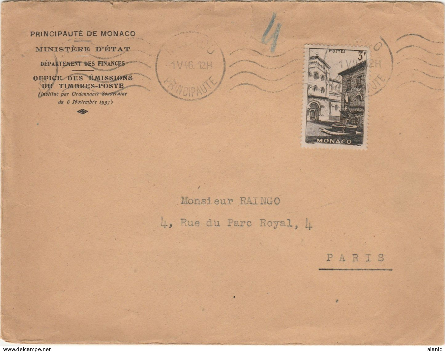 MONACO N°267 /Seul Sur Lettre  1-V-1946 Pour Paris - Cartas & Documentos