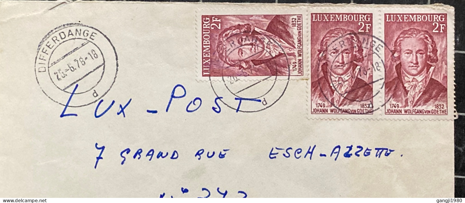 LUXEMBOURG-1978 COVER USED, JOHANN VON GOETHE, POET, MULTI 3 STAMP, DIFFERDANGE TOWN CANCEL. - 1926-39 Charlotte Rechtsprofil