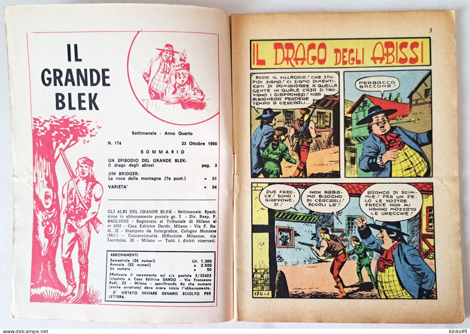 M443> GLI ALBI DEL GRANDE BLEK = N° 174 Del 23 OTT. 1966 < Il Drago Degli Abissi > - Primeras Ediciones