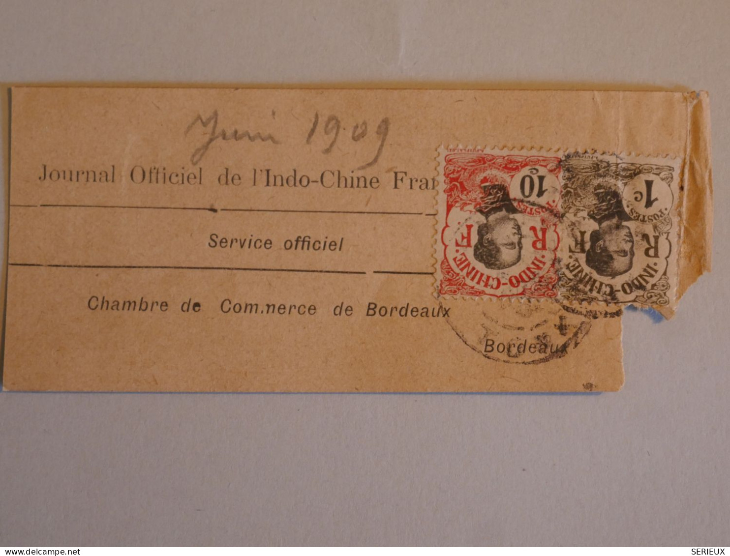 AZ22 INDOCHINE     BANDE JOURNAL JUIN  1909 SERVICE OFFICIEL  TONKIN . BORDEAUX + AFFRANCH.INTERESSANT+++ - Briefe U. Dokumente