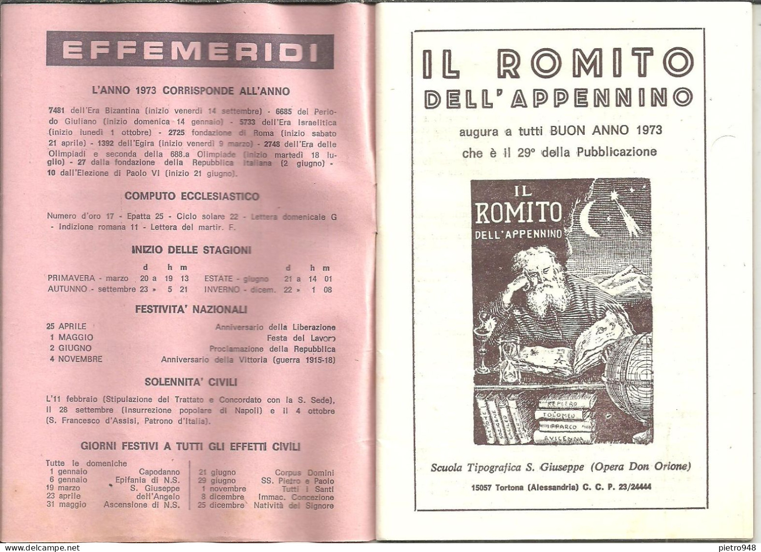Libro (Libretto) Religioso "Il Romito Dell'Appennino 1973", Ed. Scuola Tipografica S. Giuseppe-Opera Don Orione Tortona - Religion/ Spiritualisme