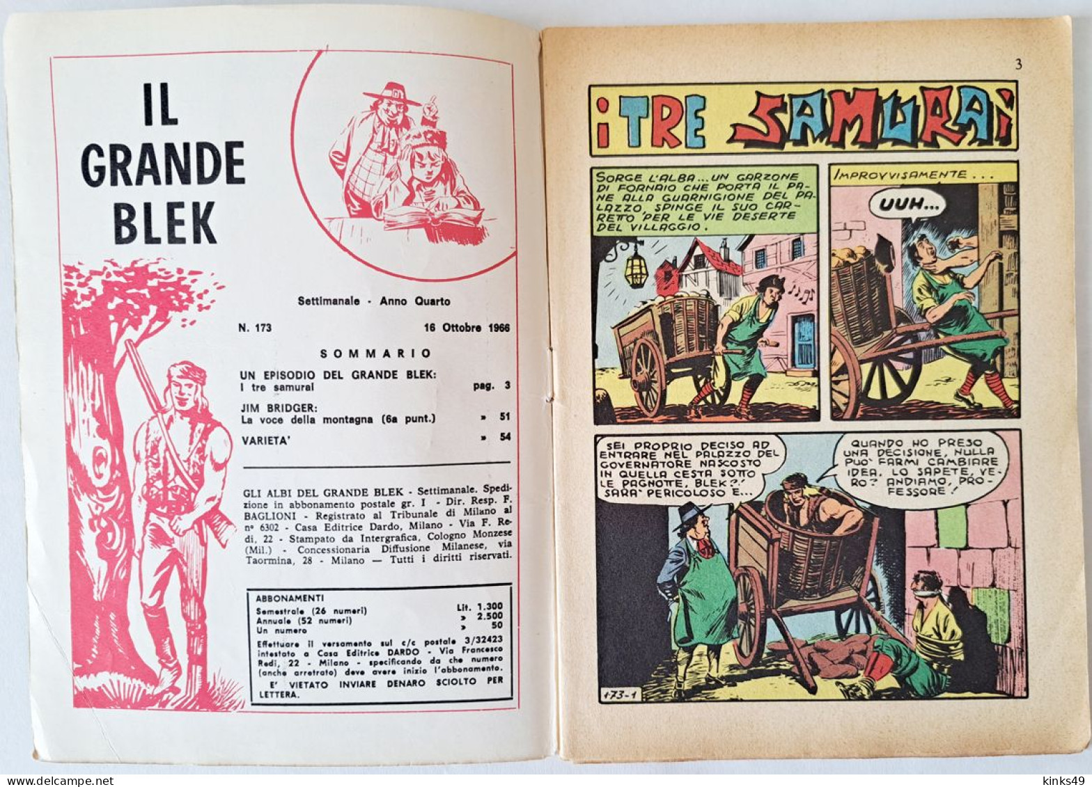 M448> GLI ALBI DEL GRANDE BLEK = N° 173 Del 16 OTT. 1966 < I Tre Samurai > - Primeras Ediciones