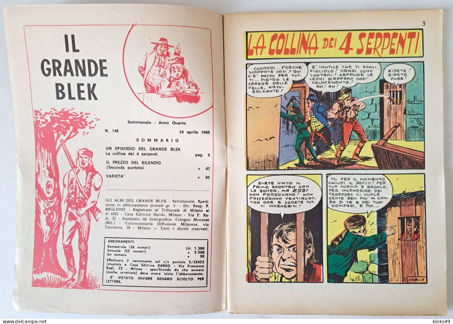 M449> GLI ALBI DEL GRANDE BLEK = N° 148 Del 24 APRILE 1966 < La Collina Dei 4 Serpenti > - Primeras Ediciones