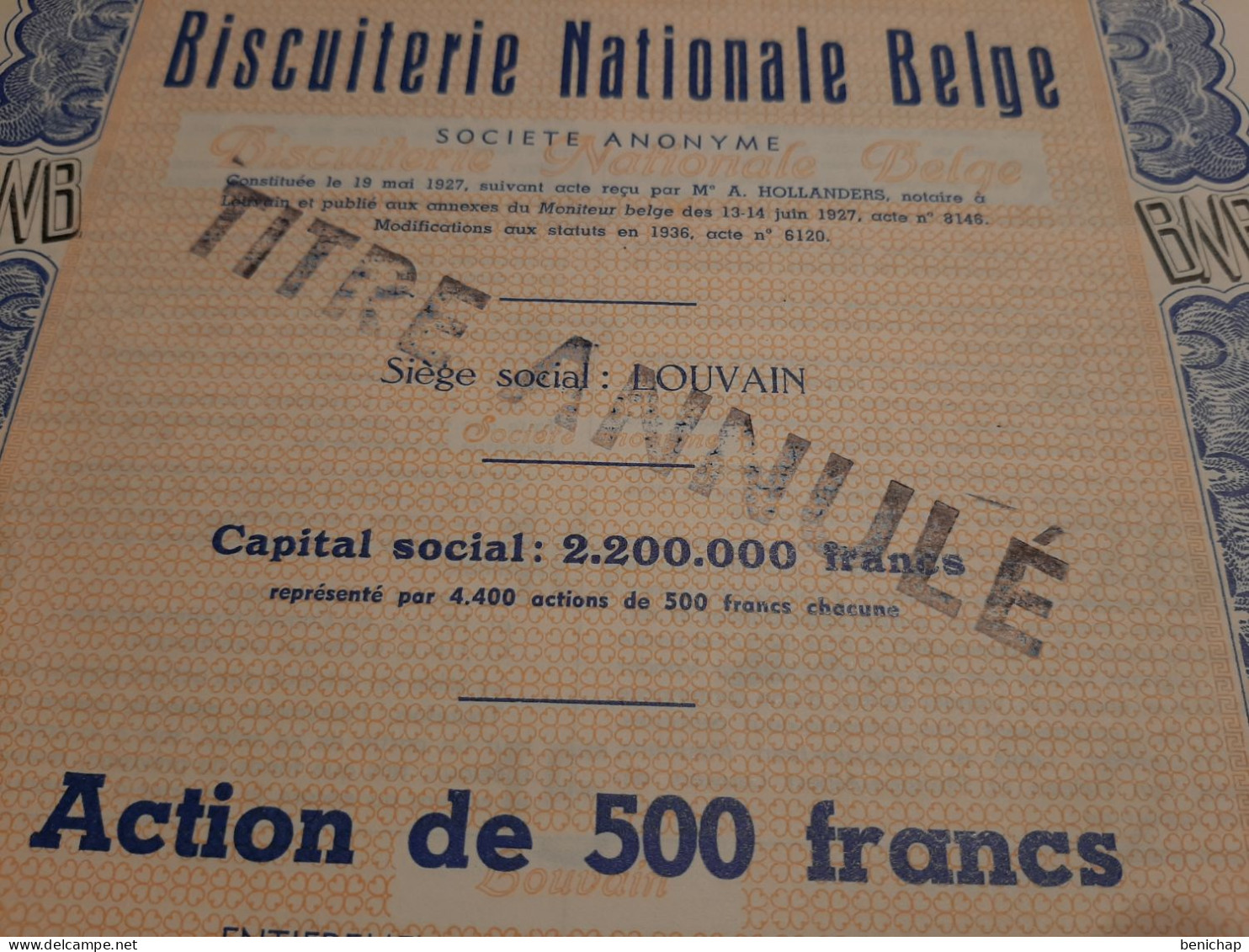 Biscuiterie Nationale Belge - Action De 500 Frs Entièrement Libérée - Louvain - Statut De 1936. - Agriculture