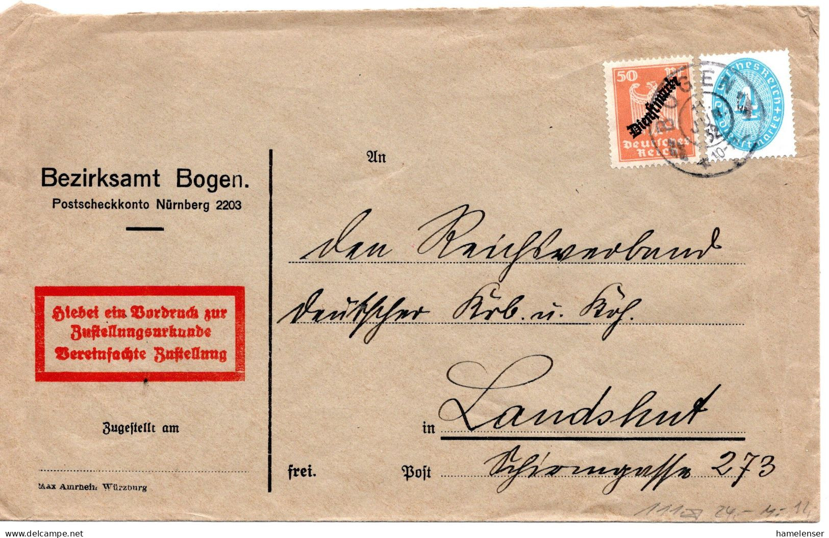 57661 - Deutsches Reich / Dienst - 1932 - 50Pfg Adler MiF A ZU-Bf BOGEN -> Landshut - Dienstmarken