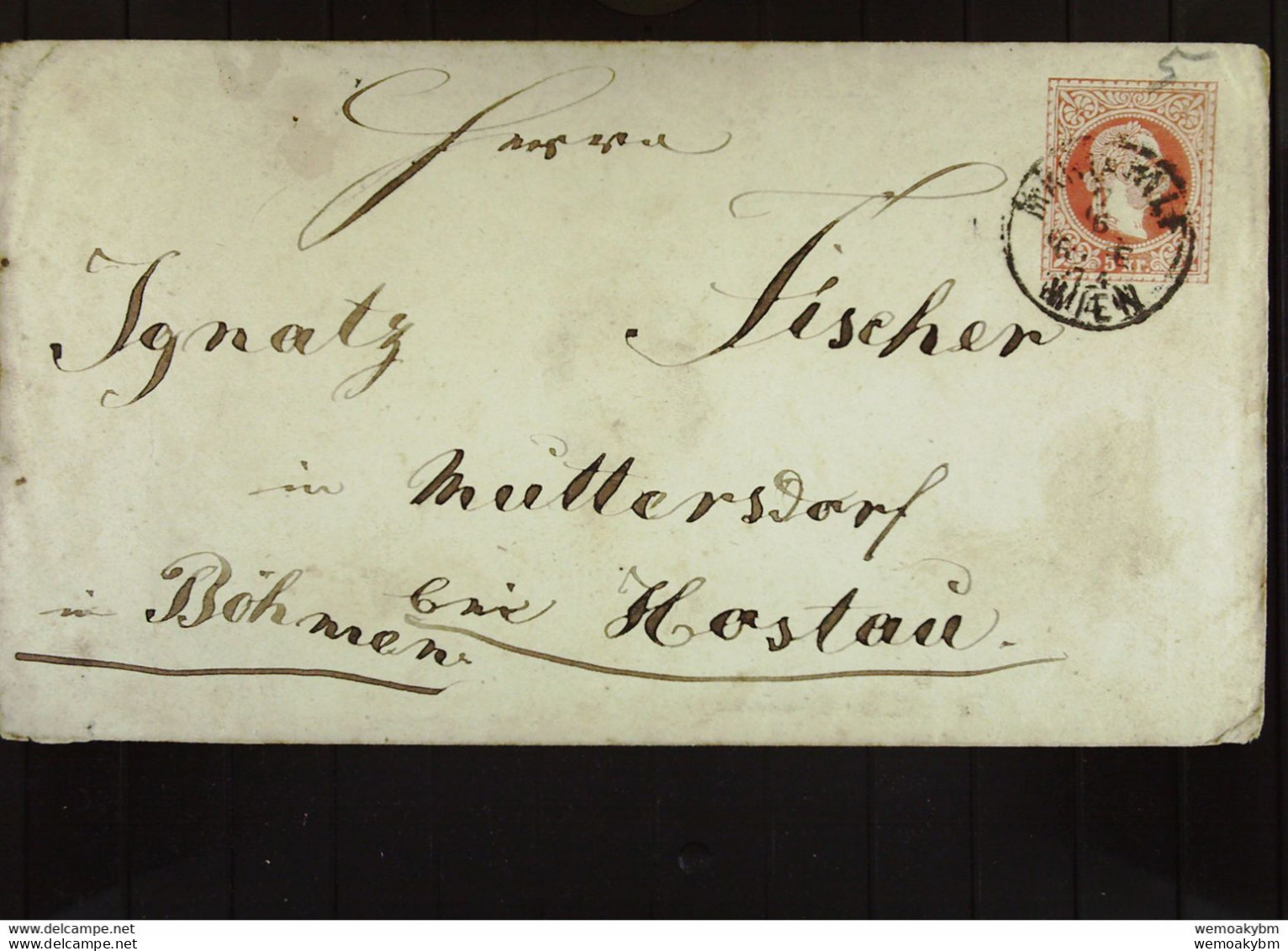 Ganzsache-Brief Mit 5 Kr Kaiser Franz Joseph Aus WIEN V.17.6.1874 Nach Muttersdorf (Böhmen) ü STANKAU Knr: 37 Rs. Siegel - Covers