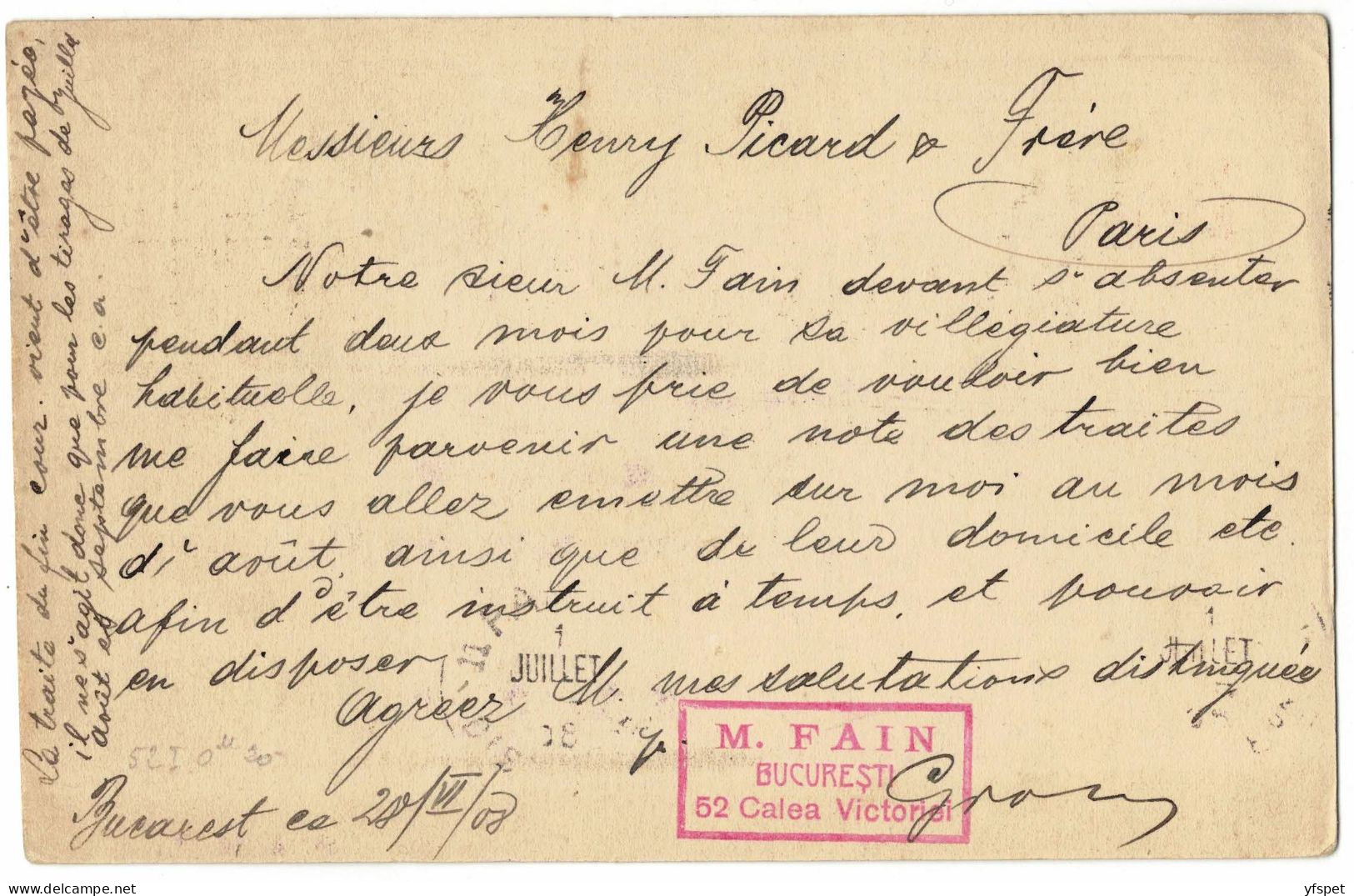 Post Card Stationery, 1908, Bucuresti-Paris - Cartas & Documentos