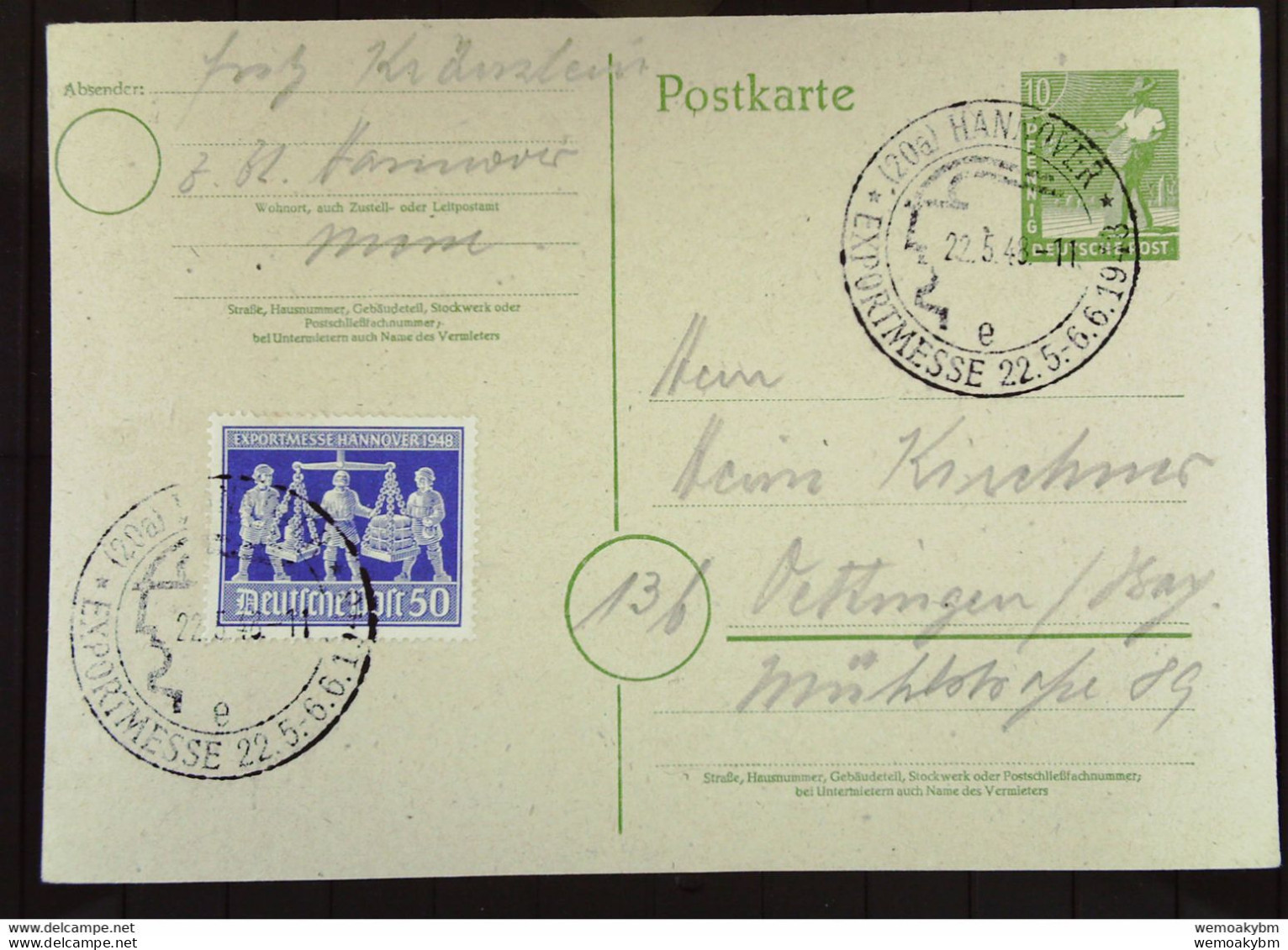 Gs-Postkarte Mit 10 Pf Sämann In MiF SoSt. HANNOVER EXPORTMESSE 22.5.-6.6.1948 Vom 22.5.46 Knr: P 961, 970a - Entiers Postaux