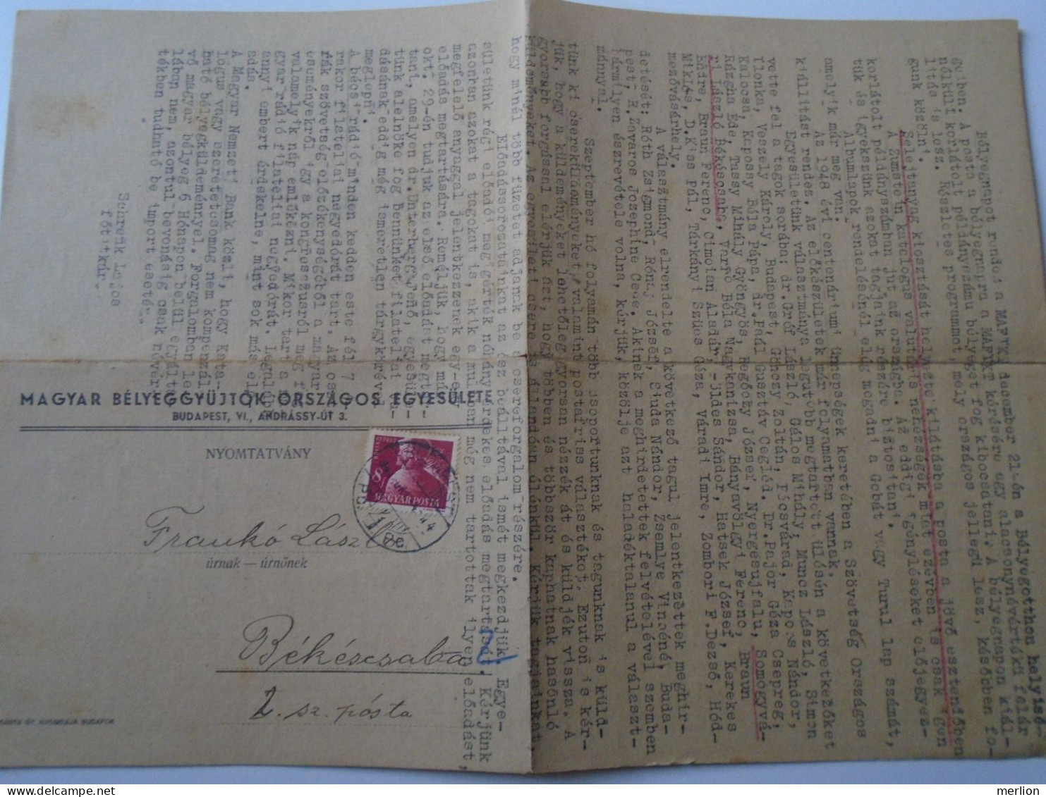 D194145  HUNGARY - National Association Of Hungarian Stamp Collectors - Mailed Circular 1947  -Frankó Bekescsaba - Briefe U. Dokumente