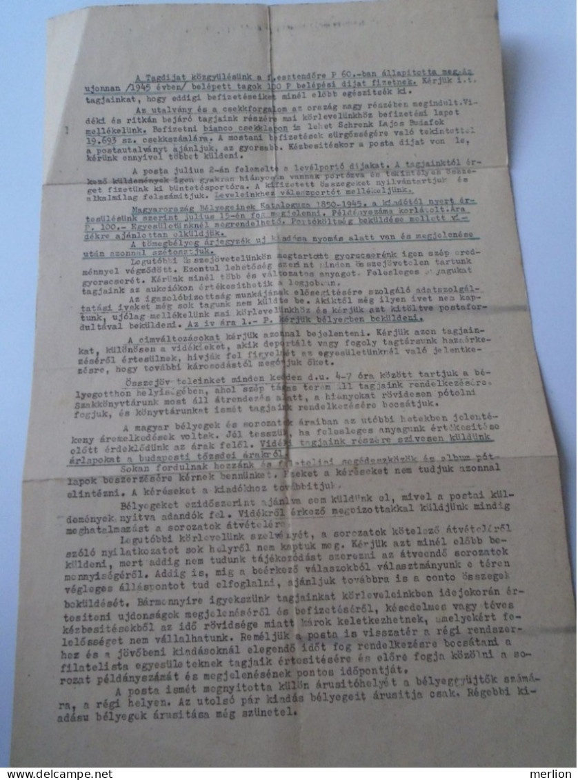 D194154  HUNGARY - National Association Of Hungarian Stamp Collectors -   Circular 1945 -Frankó Kispest Esperanto - Lettres & Documents