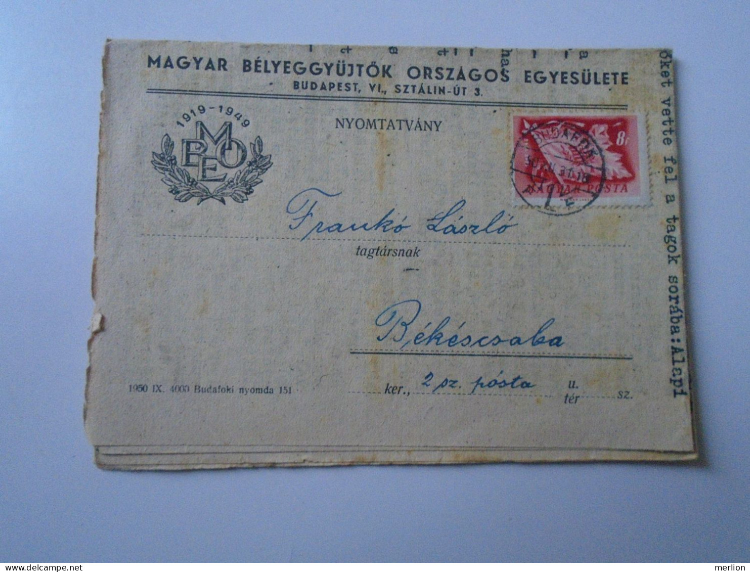 D194165  HUNGARY - National Association Of Hungarian Stamp Collectors - Mailed Circular 1950  -Frankó Bekescsaba - Briefe U. Dokumente