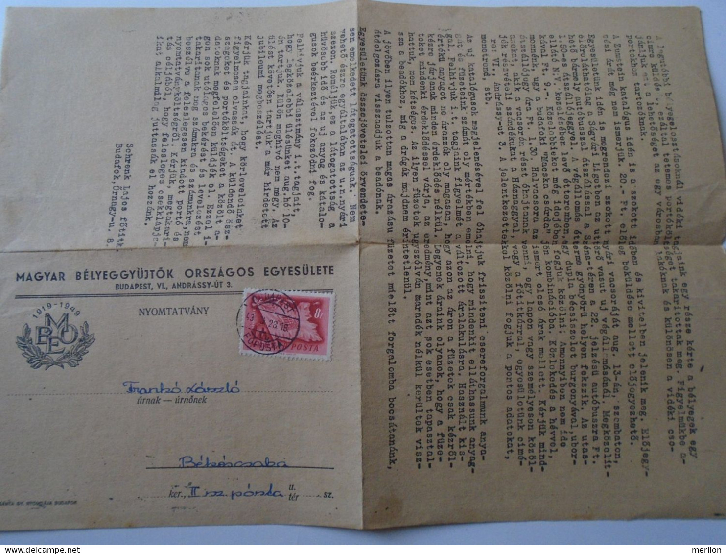 D194175  HUNGARY - National Association Of Hungarian Stamp Collectors - Mailed Circular 1948 -Frankó Bekescsaba - Briefe U. Dokumente