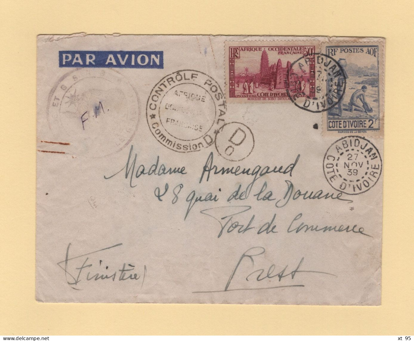 Cote D Ivoire - Abidjan - 27 Nov 1939 - FM + Avion Destination France - Controle Postal Commission D - Briefe U. Dokumente