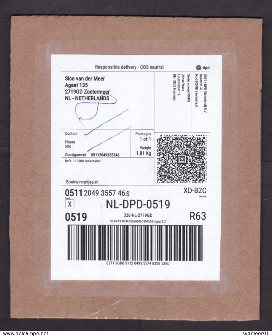 Belgium: Parcel Fragment (cut-out) To Netherlands, 2023, Self-printed Label Private Postal Service DPD, QR (pen Number) - Lettres & Documents