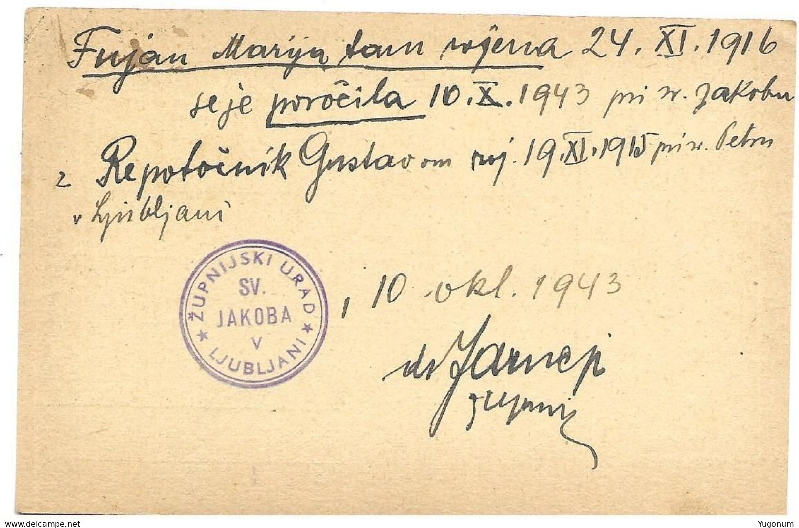 ITALY WWII 1943 Stationary With Stamp "Zupnijski Urad Sv.Jakoba V Ljubljani" , Lubiana (No 2217) - Lubiana