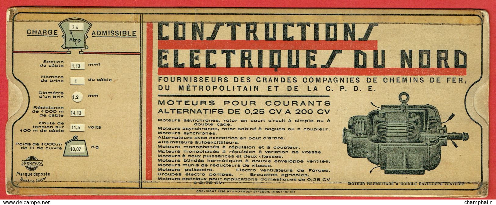 Abaque Normus - Réglette De Calcul Moteurs Asynchrones Type NV - Constructions Electriques Du Nord - Edition 1930 - Sonstige & Ohne Zuordnung