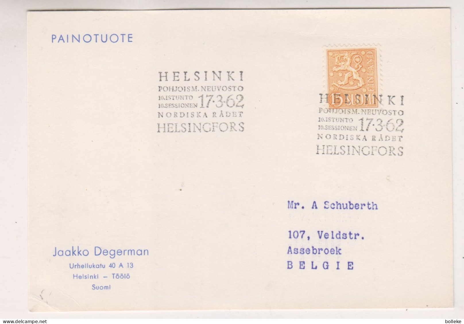 Finlande - Carte Postale De 1962 - Oblit Helsinki - - Covers & Documents