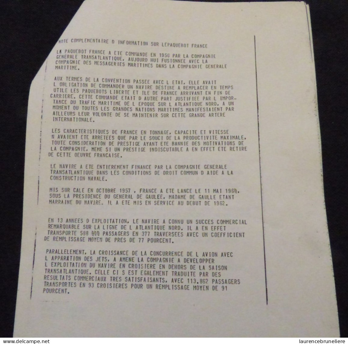 DOCUMENT DU SERVICE DE PRESSE COMPAGNIE GENERALE MARITIME POUR LA VENTE DU PAQUEBOT "FRANCE" -  A L'ARABIE SAOUDITE 1977 - Documents Historiques