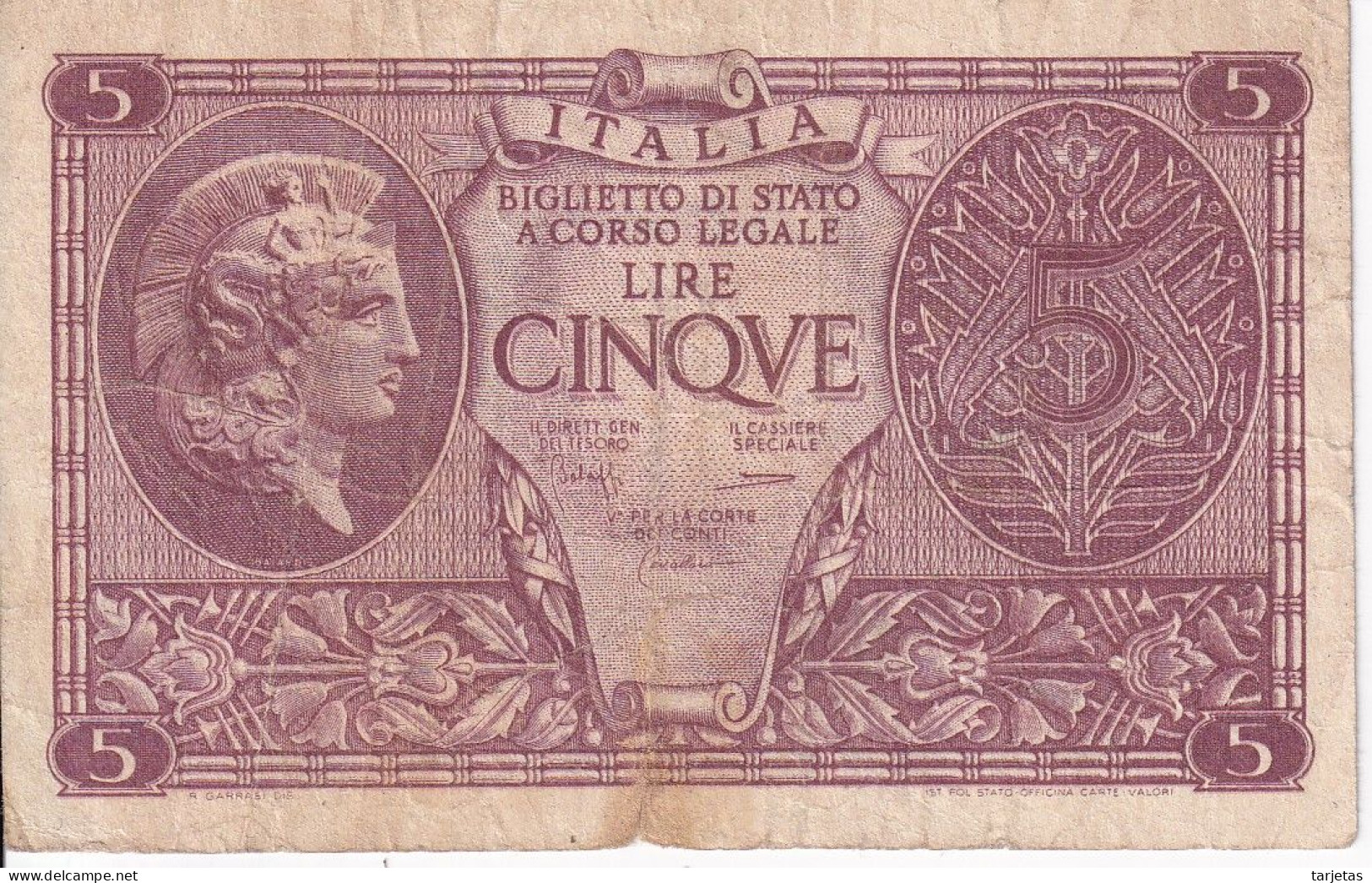 BILLETE DE ITALIA DE 5 LIRAS  BIGLIETO DI STATO DEL AÑO 1944 (BANKNOTE) - Italia – 5 Lire