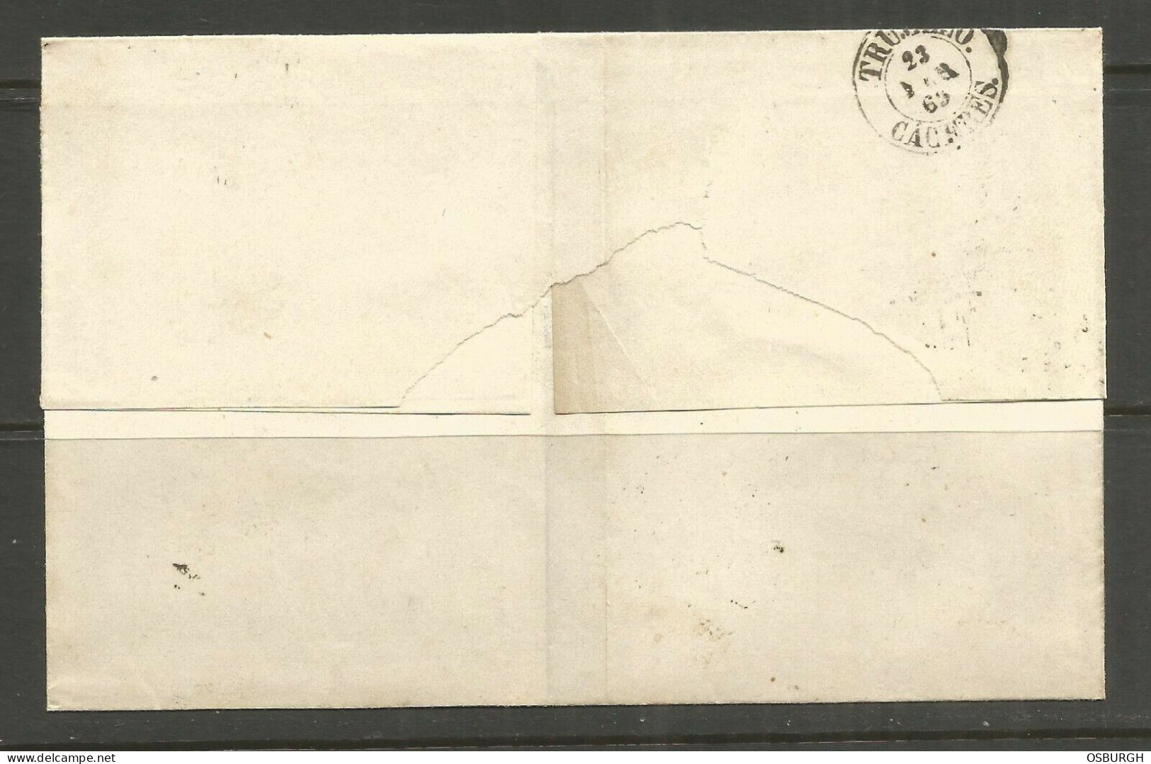 SPAIN. 1869. FOLDED ENVELOPE. ZARAGOZA TO CRUJILLO. A COVARRUBIAS IMPRESSED PAPER. - Lettres & Documents