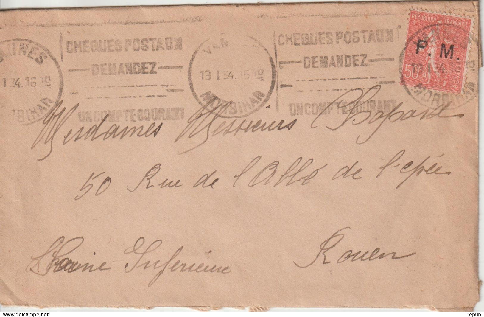 Lettre En Franchise FM 6 Oblitération 1934 Vannes - Militärische Franchisemarken