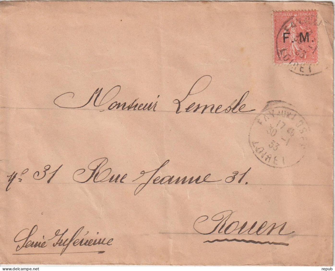 Lettre En Franchise FM 6 Oblitération 1933 Fay Aux Loges (45) Avec Vignettes Au Verso - Militärische Franchisemarken