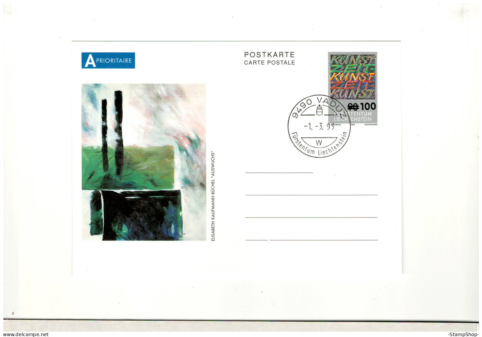 1993 Liechtenstein - Vaduz Postmark, Art, Overprint With Higher Value - Postcard - BX2047 - Covers & Documents