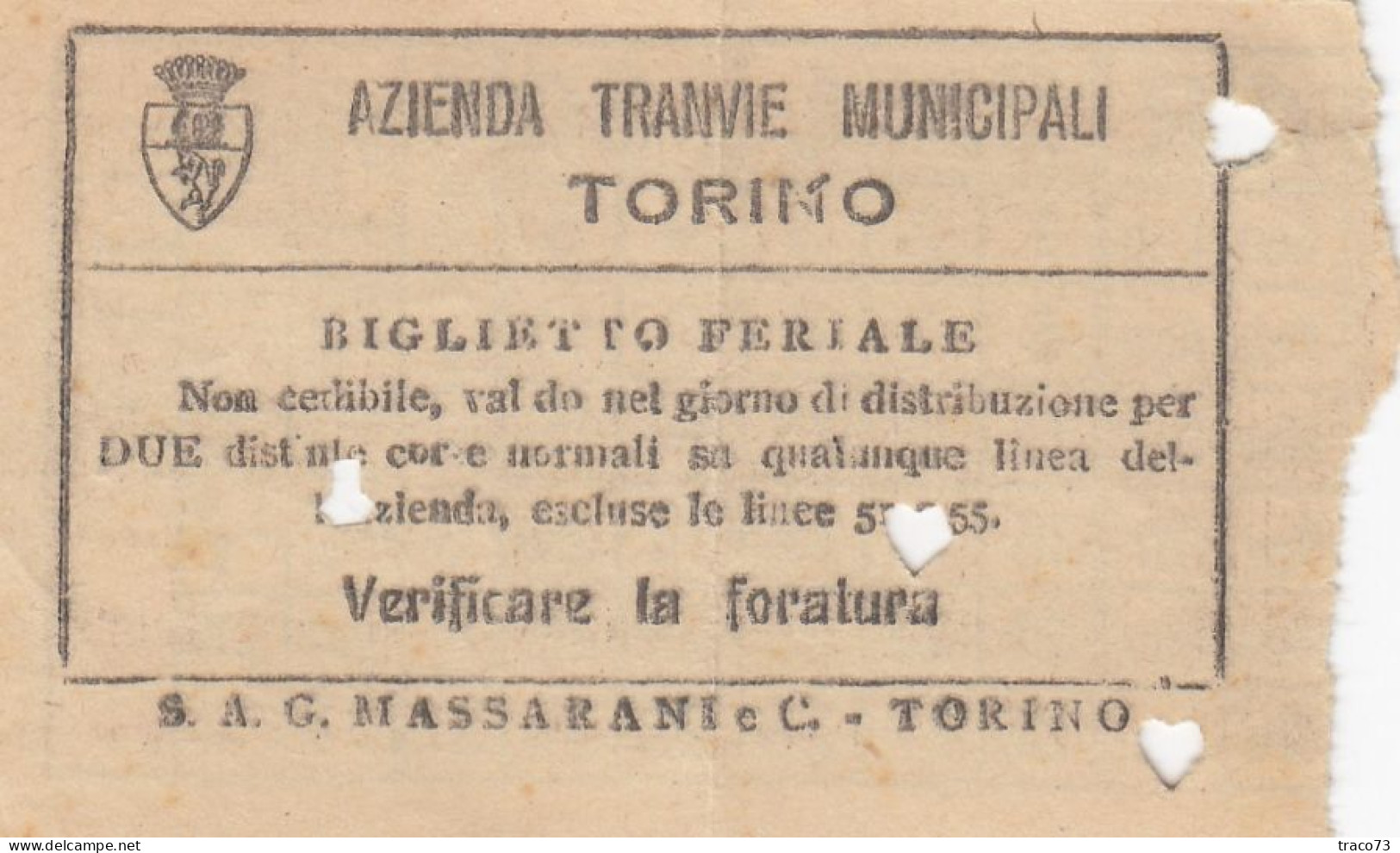 TORINO  /  Azienda Tranvie Municipali - Biglietto Feriale Da Cent. 80 _ Regno D'Italia - Europa