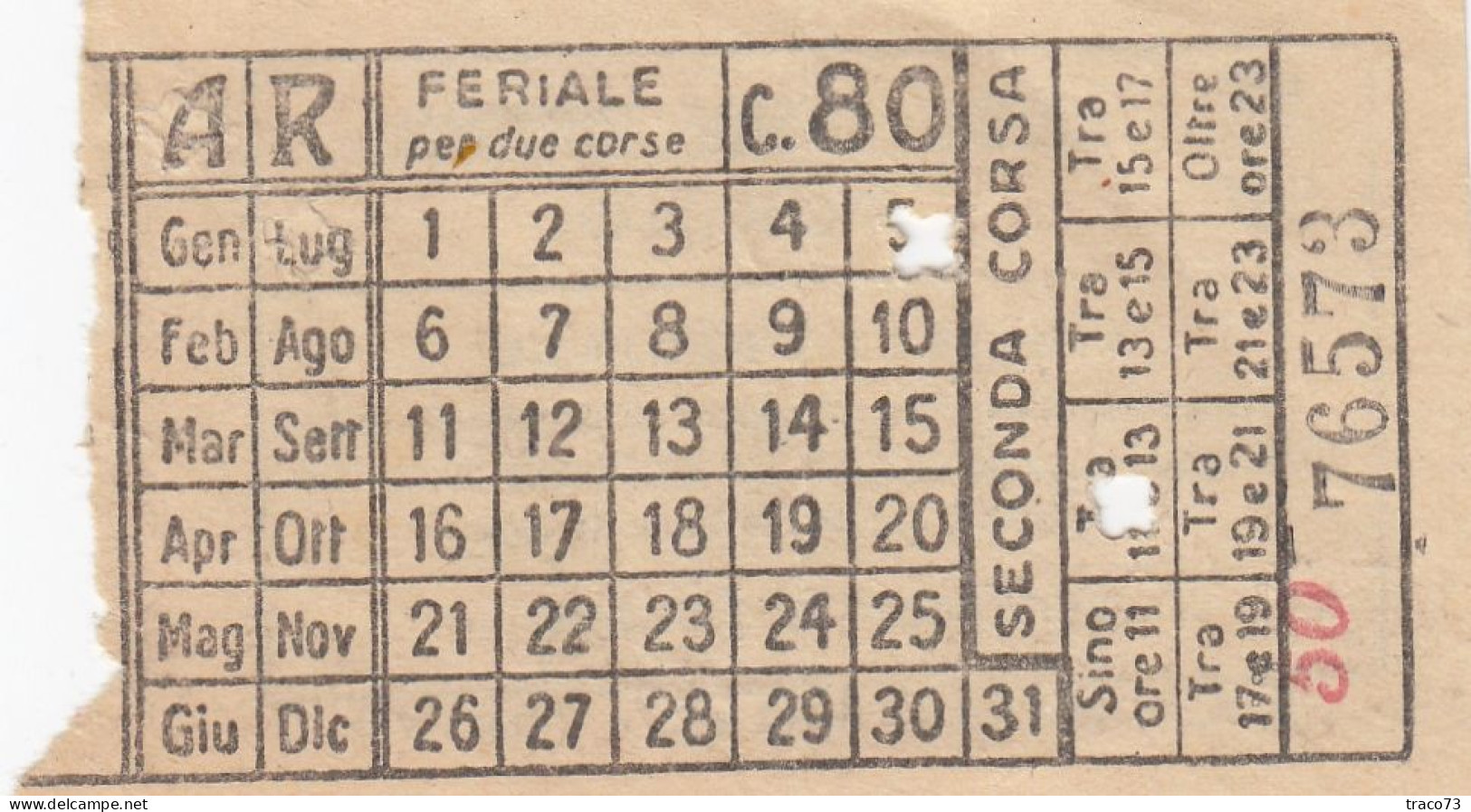 TORINO  /  Azienda Tranvie Municipali - Biglietto Feriale Da Cent. 80 _ Regno D'Italia - Europa