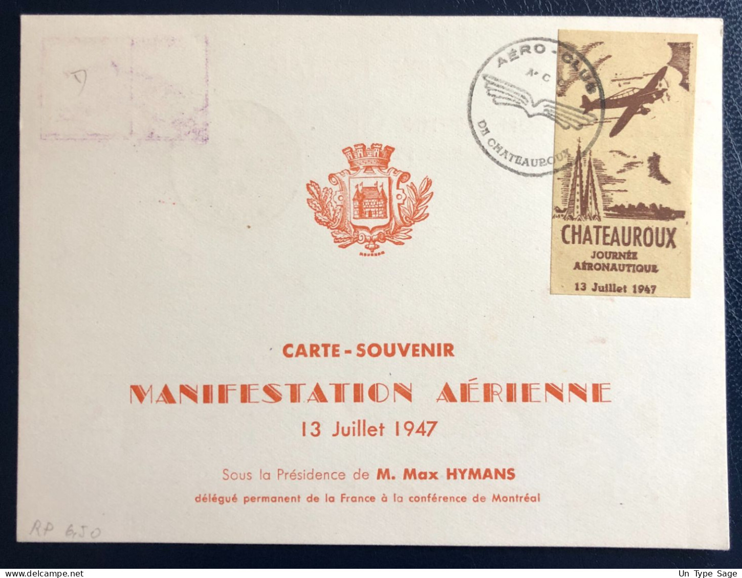 France Divers Sur Carte - TAD JOURNEE AERONAUTIQUE 13.7.1947 + Vignette Au Verso - (B1745) - 1927-1959 Briefe & Dokumente