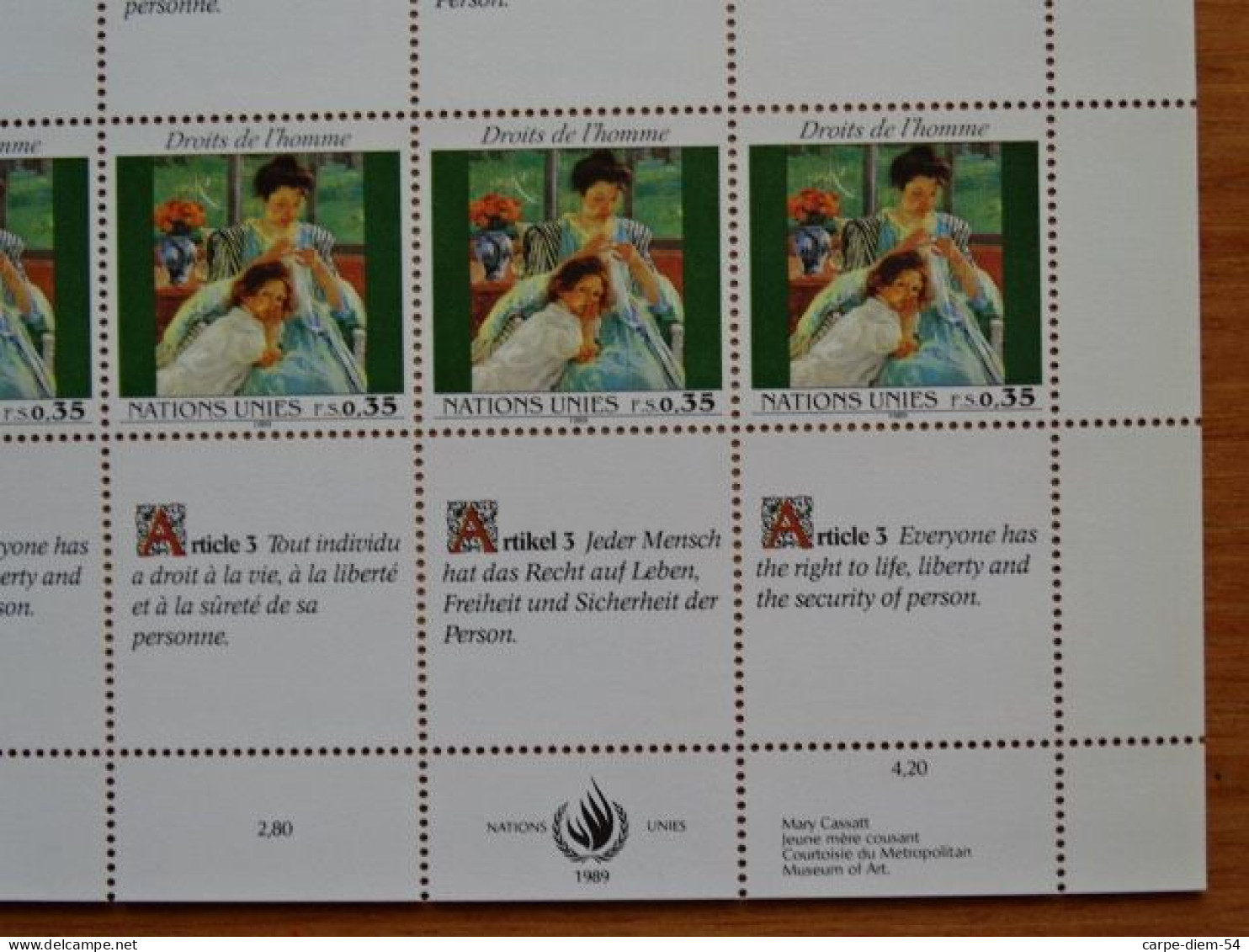 United Nations - Vereinte Nationen - Bloc / Feuillet 12 Timbres - Human Rights - Droits De L'Homme - Article 3 - 1989 - Collezioni & Lotti