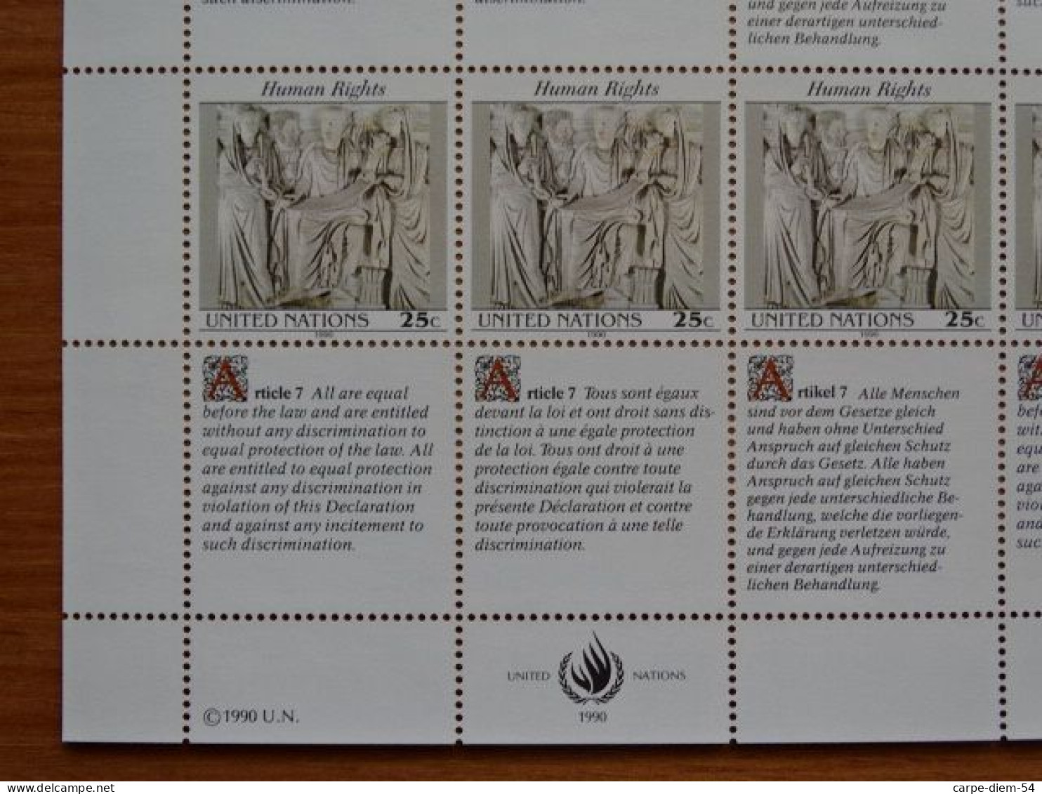 United Nations - Vereinte Nationen - Bloc / Feuillet 12 Timbres - Human Rights - Droits De L'Homme - Article 7 - 1990 - Collezioni & Lotti