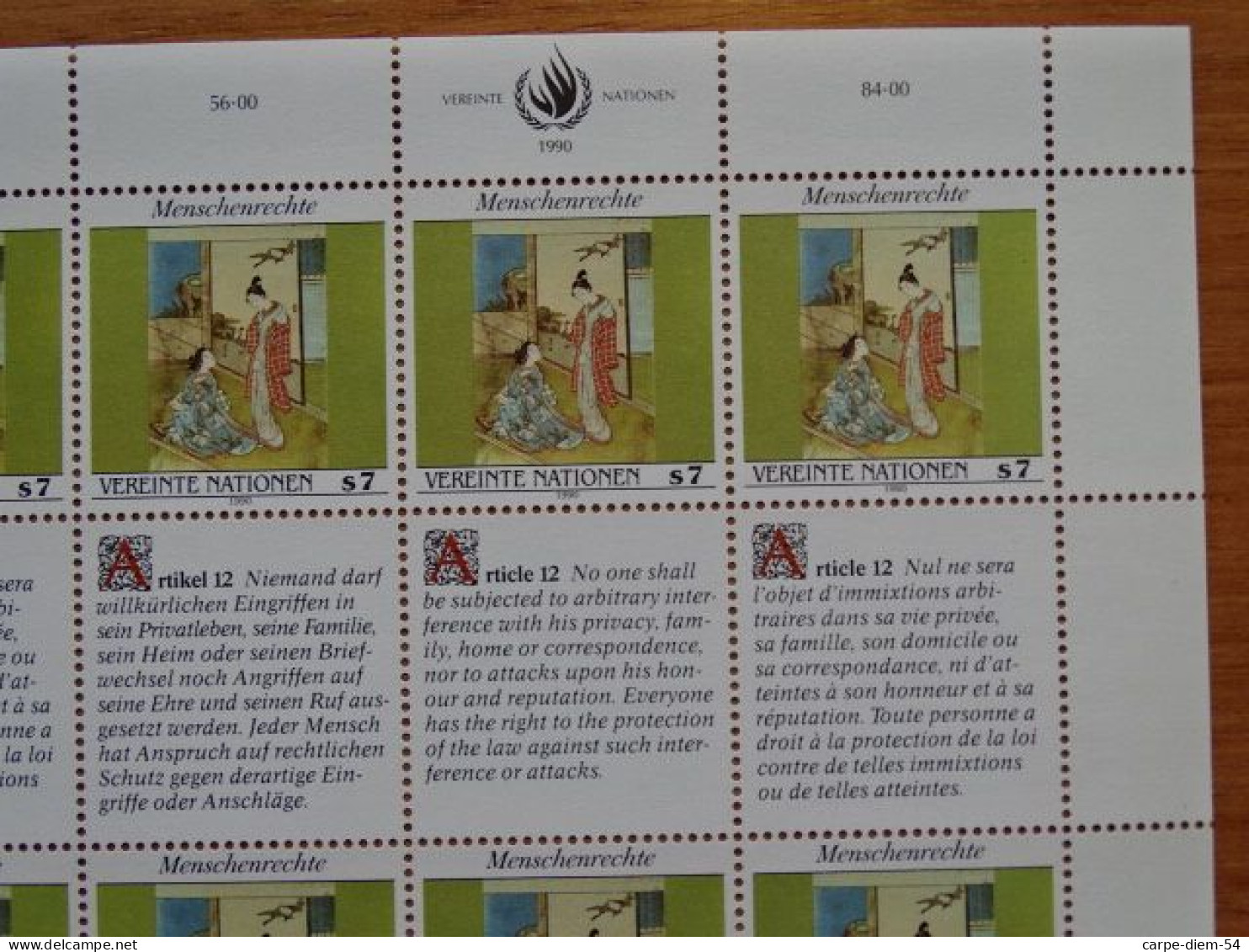 United Nations - Vereinte Nationen - Bloc / Feuillet 12 Timbres - Human Rights - Droits De L'Homme - Article 12 - 1990 - Collezioni & Lotti