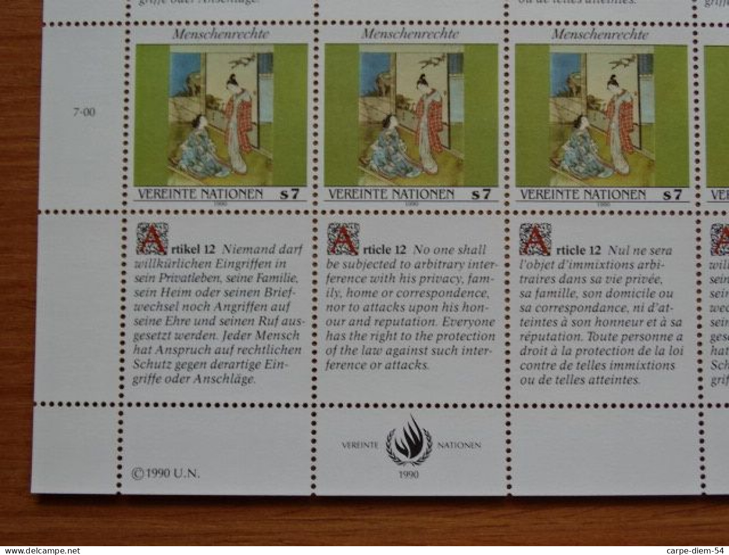 United Nations - Vereinte Nationen - Bloc / Feuillet 12 Timbres - Human Rights - Droits De L'Homme - Article 12 - 1990 - Collections, Lots & Séries