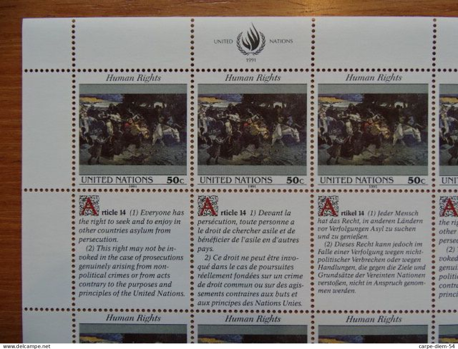 United Nations - Vereinte Nationen - Bloc / Feuillet 12 Timbres - Human Rights - Droits De L'Homme - Article 14 - 1991 - Collezioni & Lotti