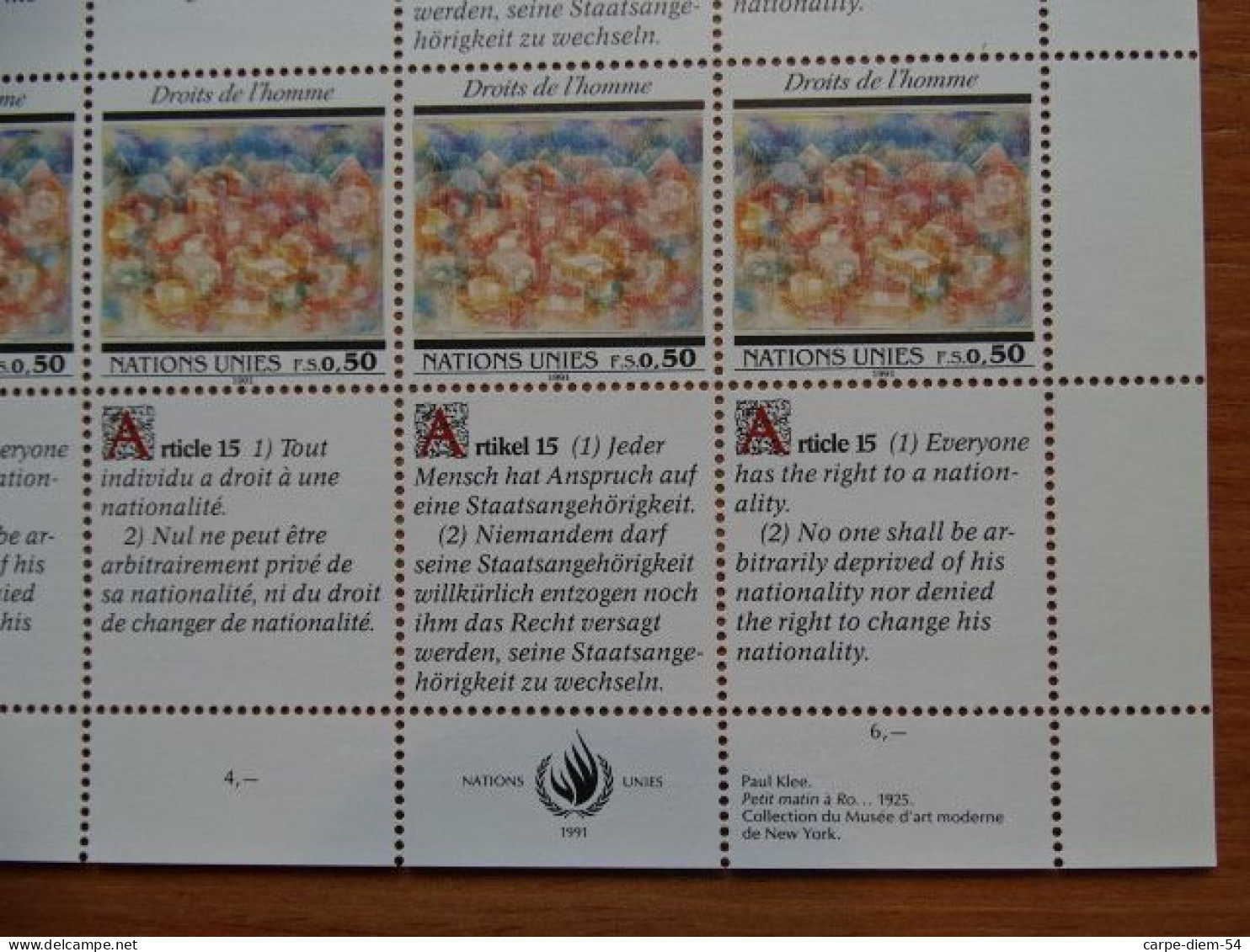 United Nations - Vereinte Nationen - Bloc / Feuillet 12 Timbres - Human Rights - Droits De L'Homme - Article 15 - 1991 - Collezioni & Lotti