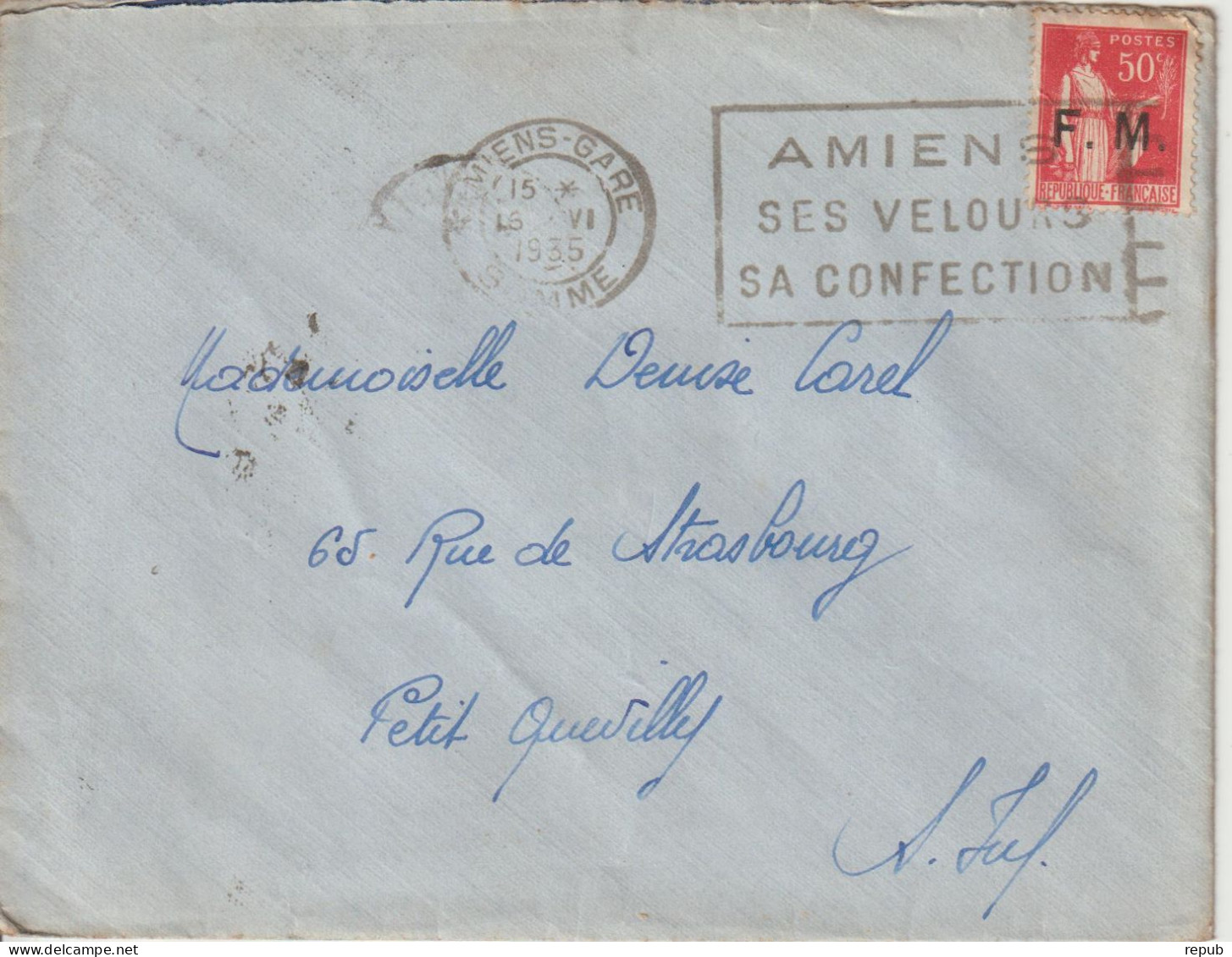 Lettre En Franchise FM 7 Oblitération 1935 Amiens - Military Postage Stamps