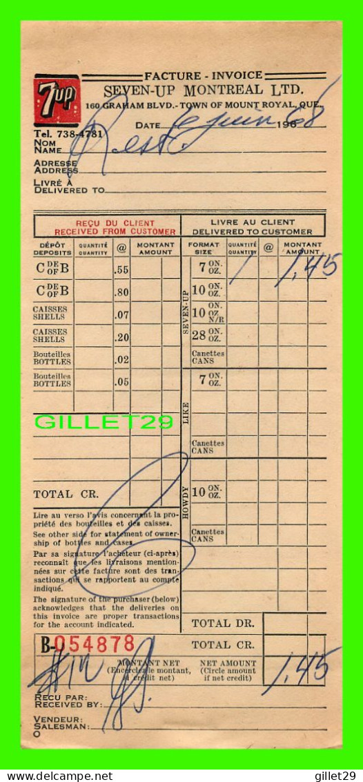 FACTURE DE BOISSON, SEVEN-UP MONTRÉAL LTD No 878 EN 1968 - - Kanada