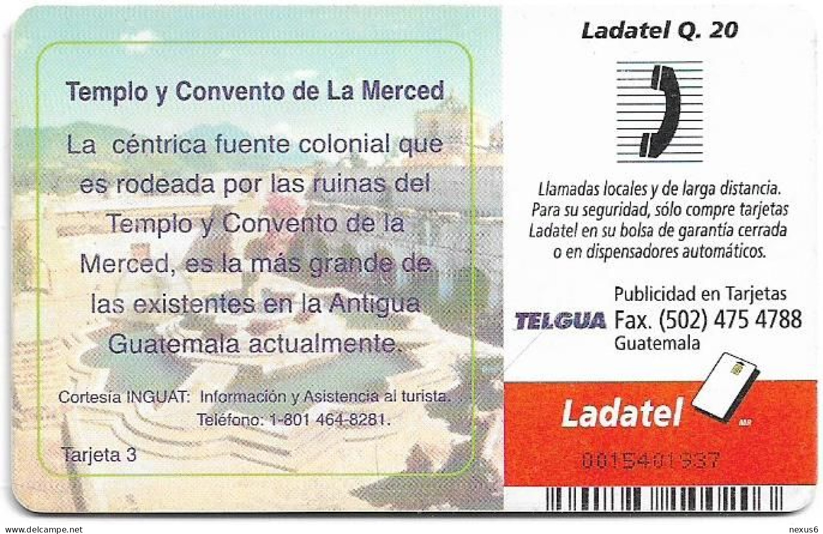 Guatemala - Telgua Ladatel - Guatemala Colonial 3, Gem5 Red, 2002, 20Q, Used - Guatemala