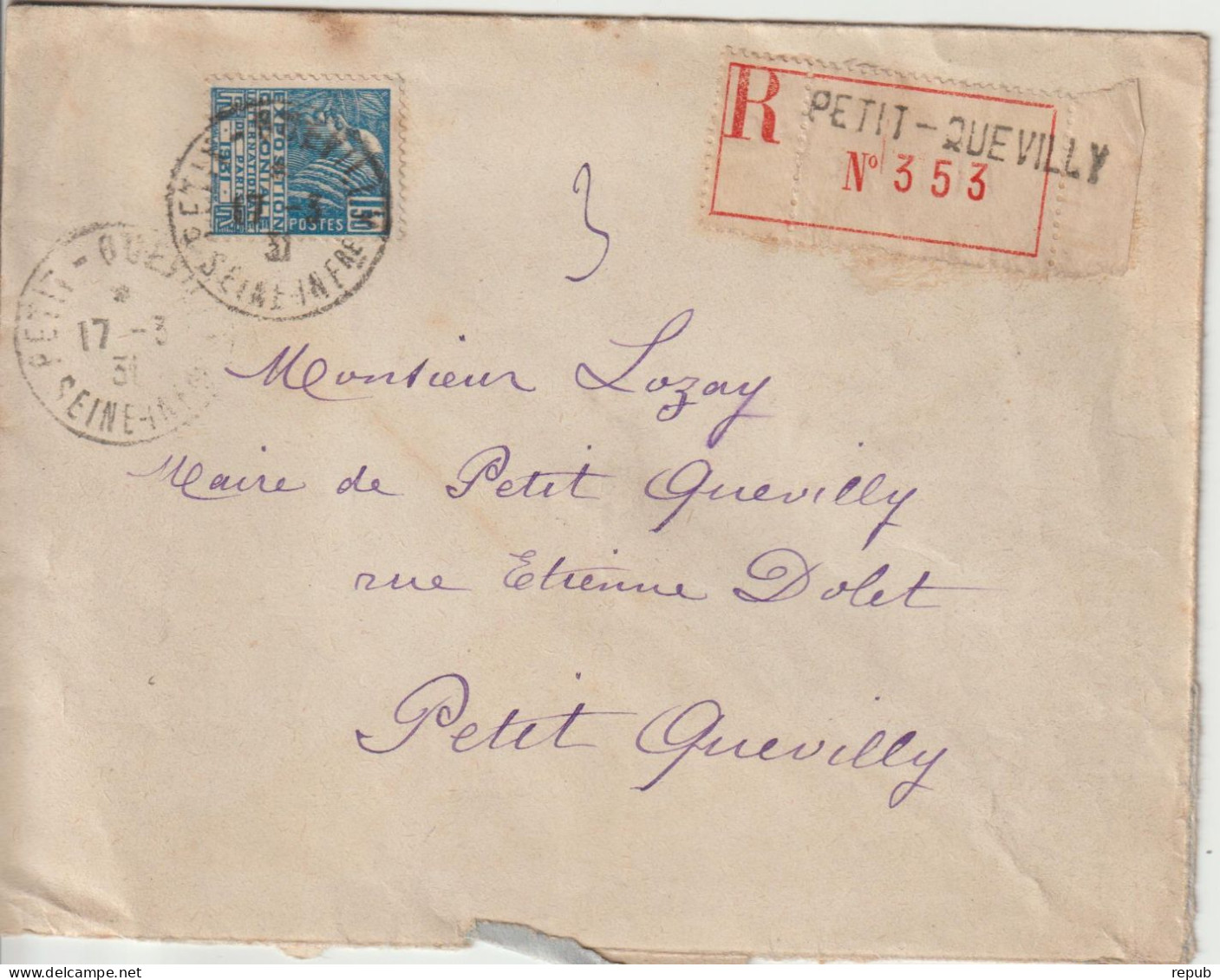 France Lettre Recommandée 1931 Petit Quevilly Pour Petit Quevilly Avec 273 - 1921-1960: Modern Period