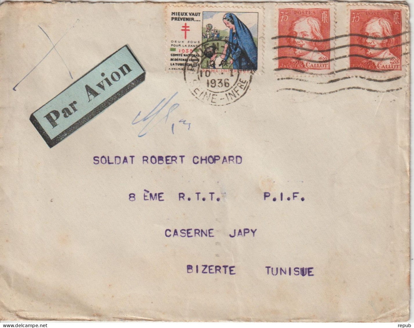 France Lettre 1936 De Rouen Pour Bizerte Tunisie Avec Vignette - 1921-1960: Modern Period