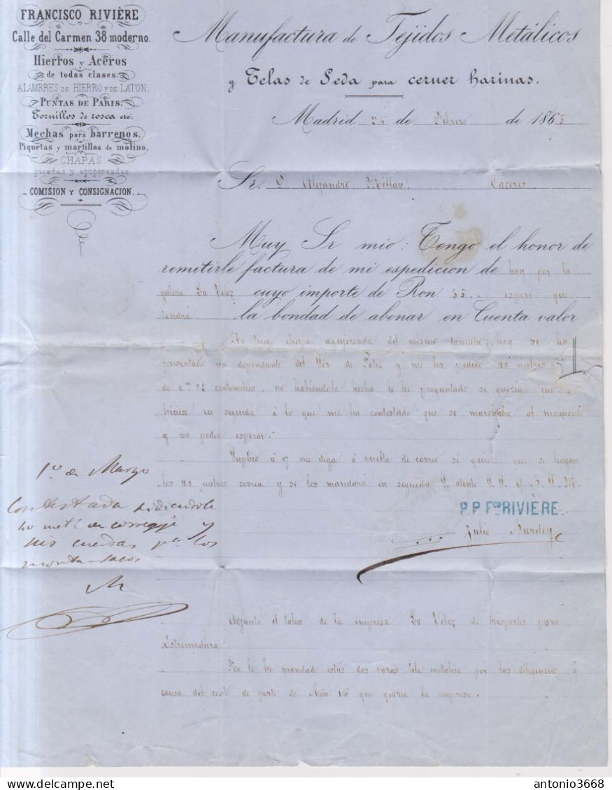 Año 1865 Edifil 75 4c Sello Isabel II Carta+factura Matasellos Rejilla Cifra 1 Membrete Riviere - Covers & Documents