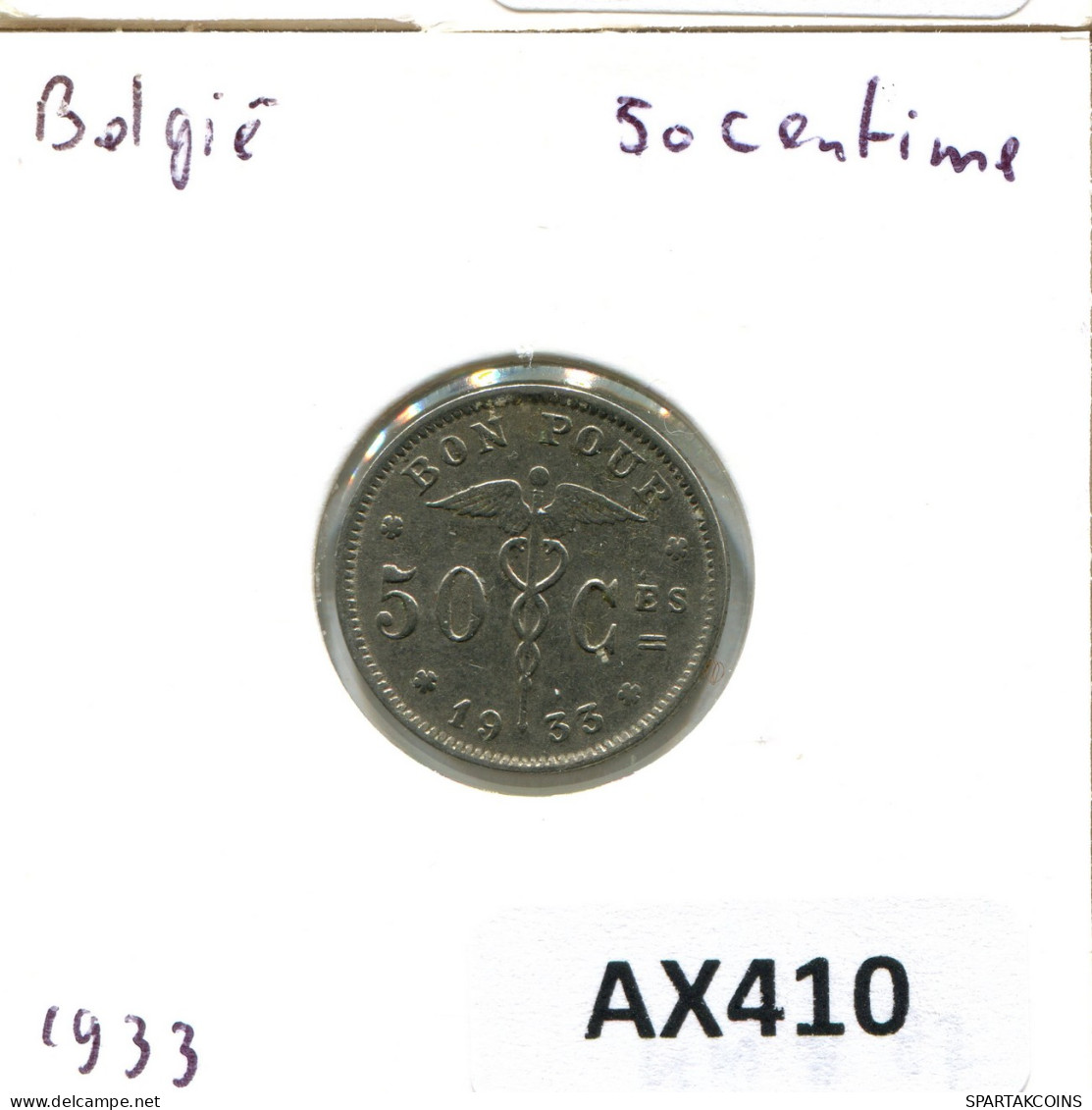 50 CENTIMES 1933 BELGIQUE BELGIUM Pièce FRENCH Text #AX410.F - 50 Centimes