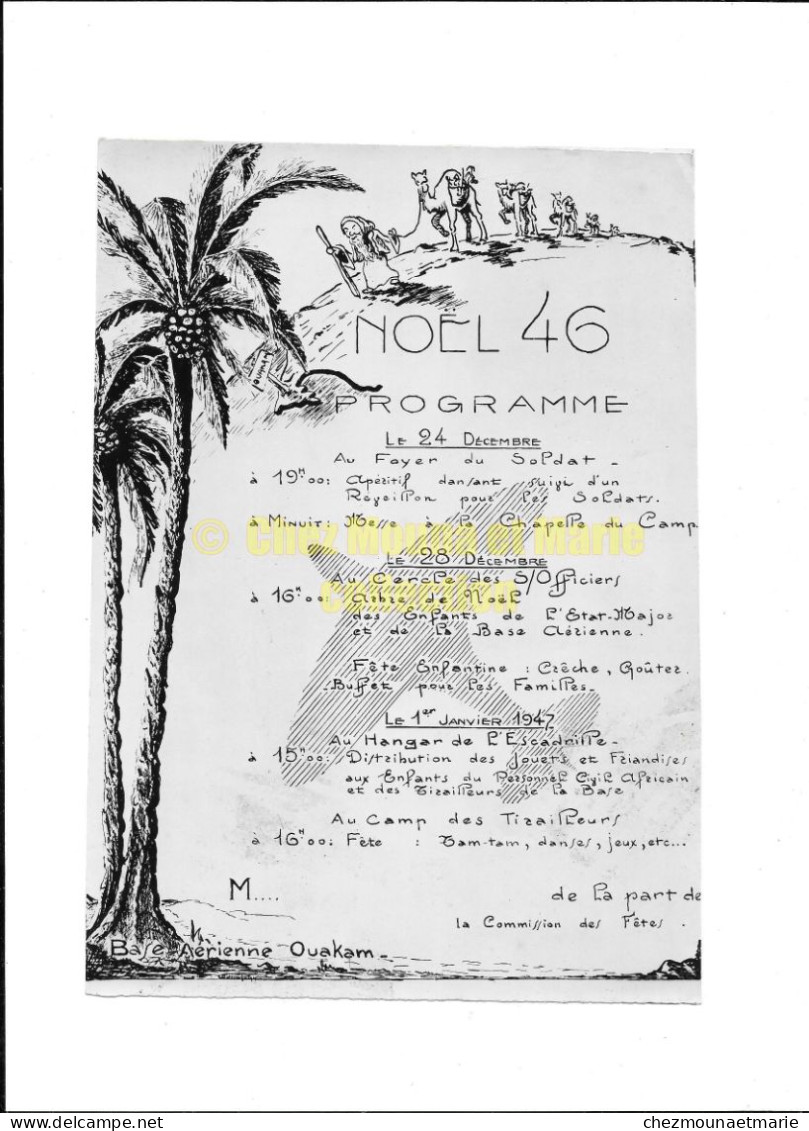 NOEL 1946 BASE AERIENNE OUAKAM DAKAR SENEGAL PROGRAMME SUR PAPIER PHOTO TAILLE 23X16 CM - Aviación