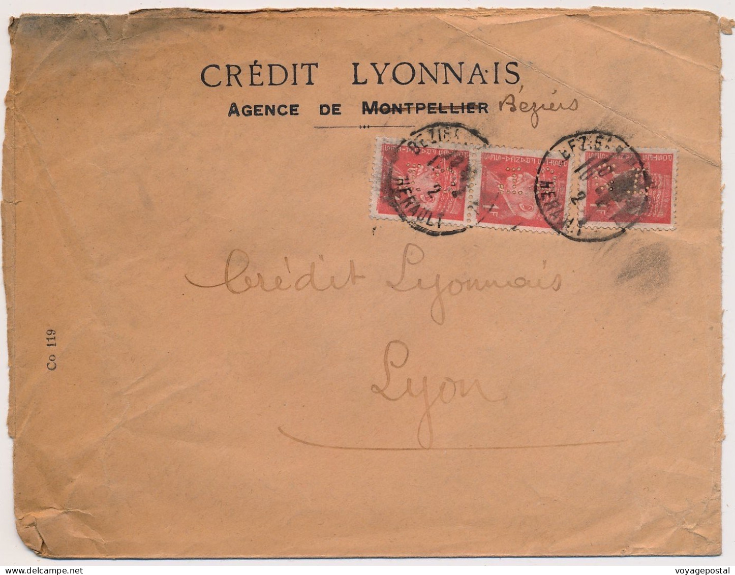 LETTRE PERFORE CL PETAIN 1F PAIRE CREDIT LYONNAIS AGENCE DE BEZIERS HERAULT PERFIN COVER - Lettres & Documents