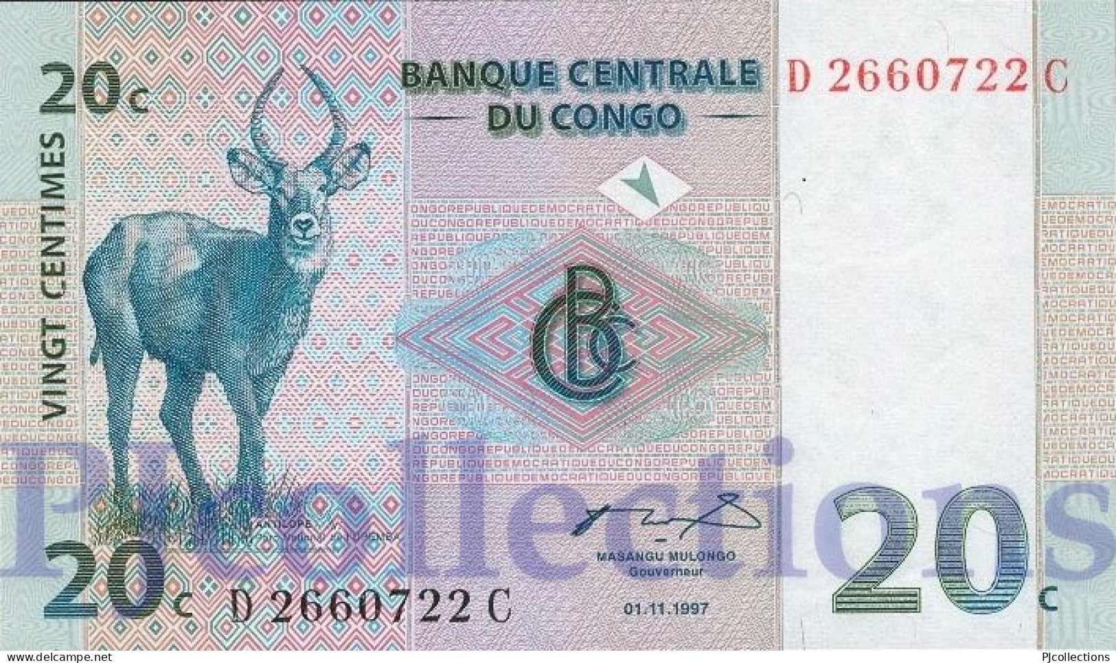 LOT CONGO DEMOCRATIC REPUBLIC 20 CENTIMES 1997 PICK 83a UNC X 5 PCS - Democratische Republiek Congo & Zaire