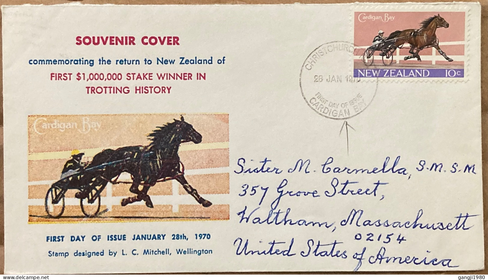 NEW ZEALAND 1970, ILLUSTRATE SOUVENIR COVER, HORSE & CART RIDER, PRIVATE PRINTED, STAKE WINNER IN TROTTING HISTORY, CHRI - Briefe U. Dokumente