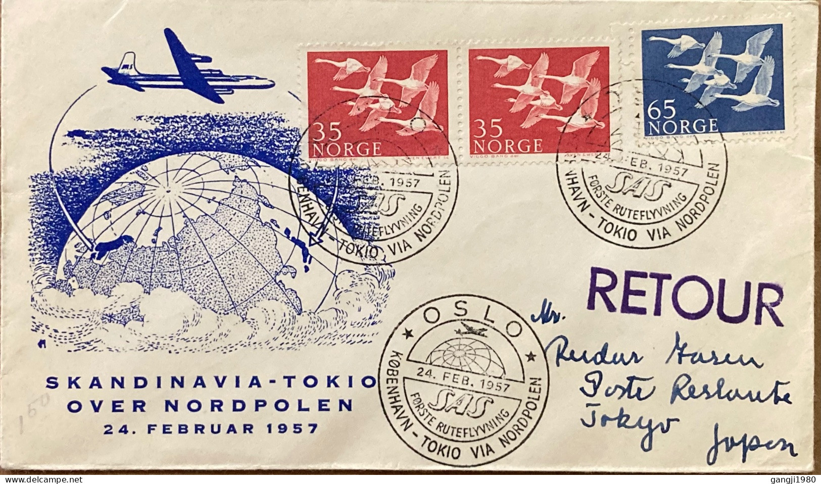 NORWAY 1957, FIRST FLIGHT COVER TO JAPAN, KOPEHAVEN -TO KYO VIA NORDPOLEN OSLO, TOKYO CITY CANCEL, ILLUSTRATE PLANE ON G - Briefe U. Dokumente