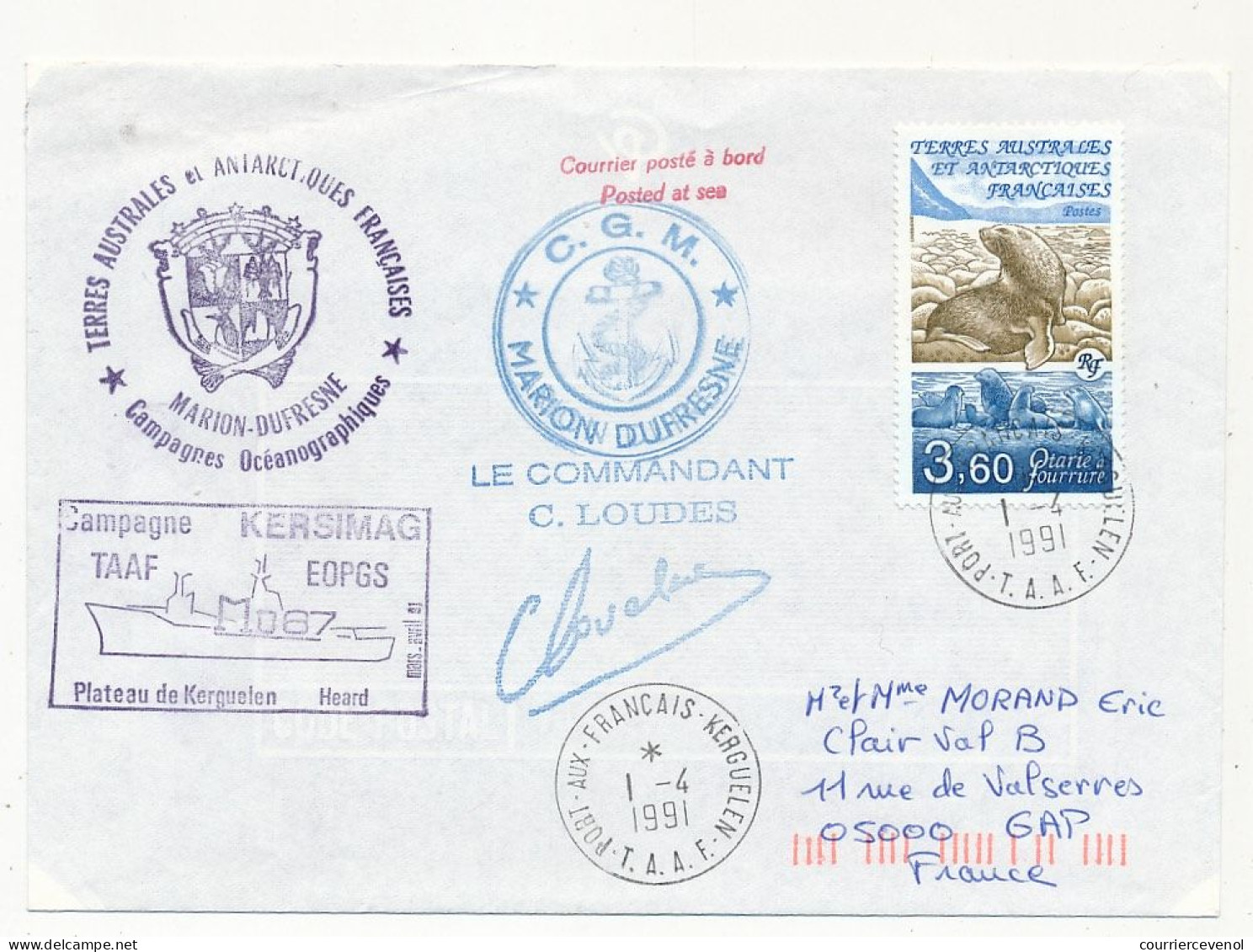 TAAF - Env. Aff 3,60 Otarie à Fourrure, Obl Port Aux Français Kerguelen 1/4/1991 - Campagne Kersimac Marion Dufresne - Briefe U. Dokumente