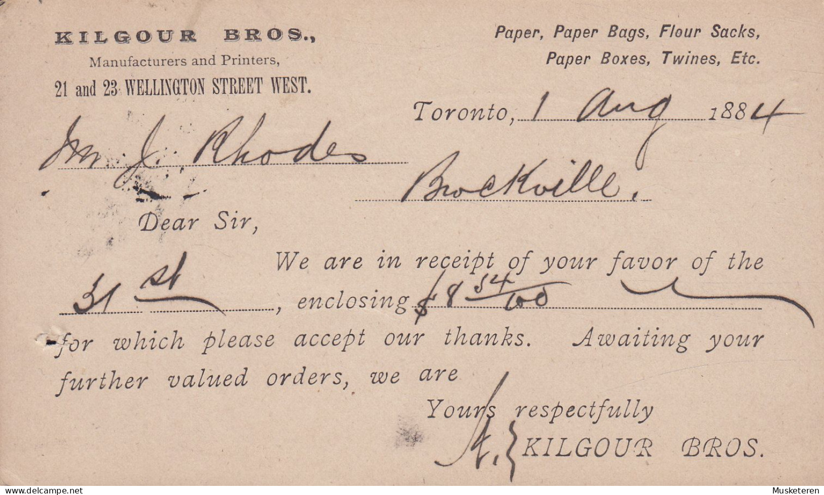 Canada Postal Stationery Ganzsache Entier Victoria PRIVATE Print KILGOUR BROS. Printers TORONTO 1884 BROCKVILLE - 1860-1899 Reign Of Victoria
